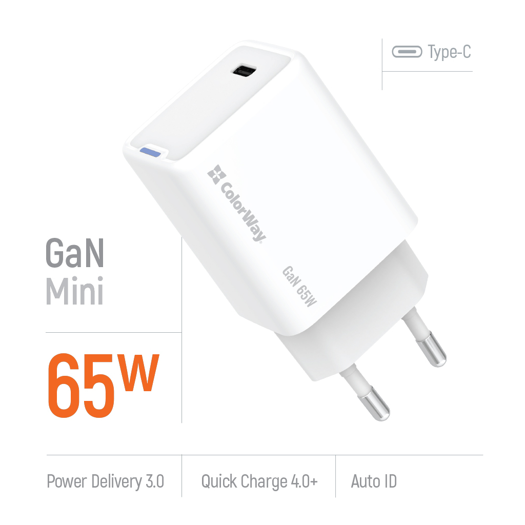 Зарядний пристрій ColorWay GaN Mini 65W PD Port PPS USB-C white (CW-CHS049PD-WT) - фото 8 Зарядний пристрій ColorWay GaN Mini 65W PD Port PPS USB-C white (CW-CHS049PD-WT) - фото 8