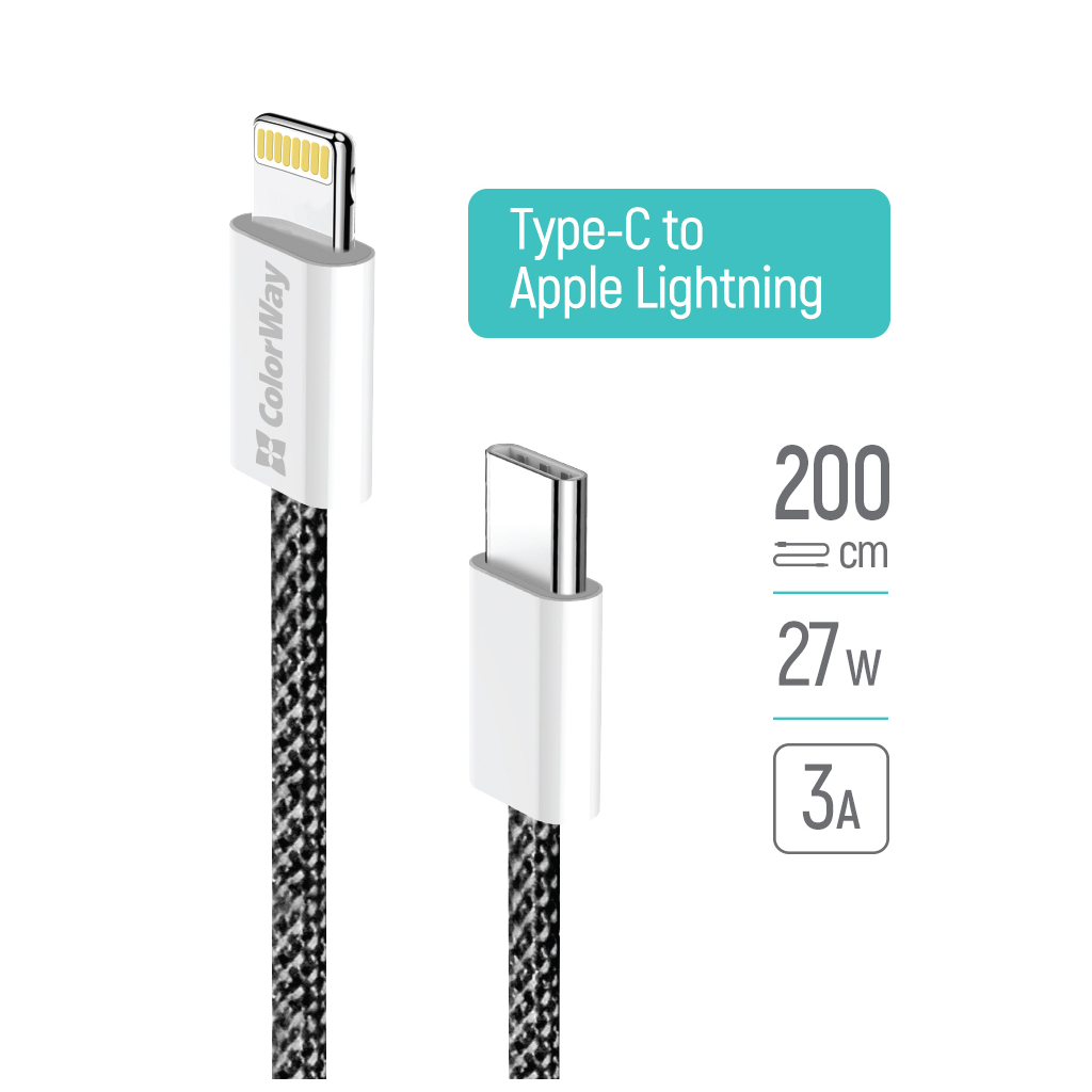 Дата кабель USB-C to Lightning 2.0m 27W PD FC black ColorWay (CW-CBPDCL068-BK) - фото 10 Дата кабель USB-C to Lightning 2.0m 27W PD FC black ColorWay (CW-CBPDCL068-BK) - фото 10