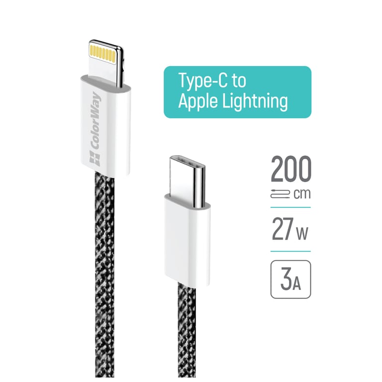 Дата кабель USB-C to Lightning 2.0m 27W PD FC black ColorWay (CW-CBPDCL068-BK) - фото 10