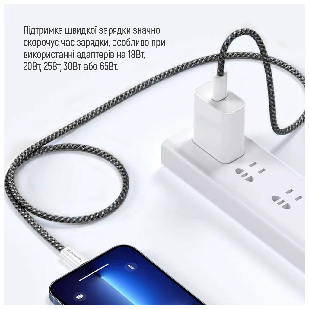 Дата кабель USB-C to USB-C 2.0m (braided cotton) (PD Fast Charging 60W) 3.0А black ColorWay (CW-CBPDCC068-BK) - фото 4 Дата кабель USB-C to USB-C 2.0m (braided cotton) (PD Fast Charging 60W) 3.0А black ColorWay (CW-CBPDCC068-BK) - фото 4