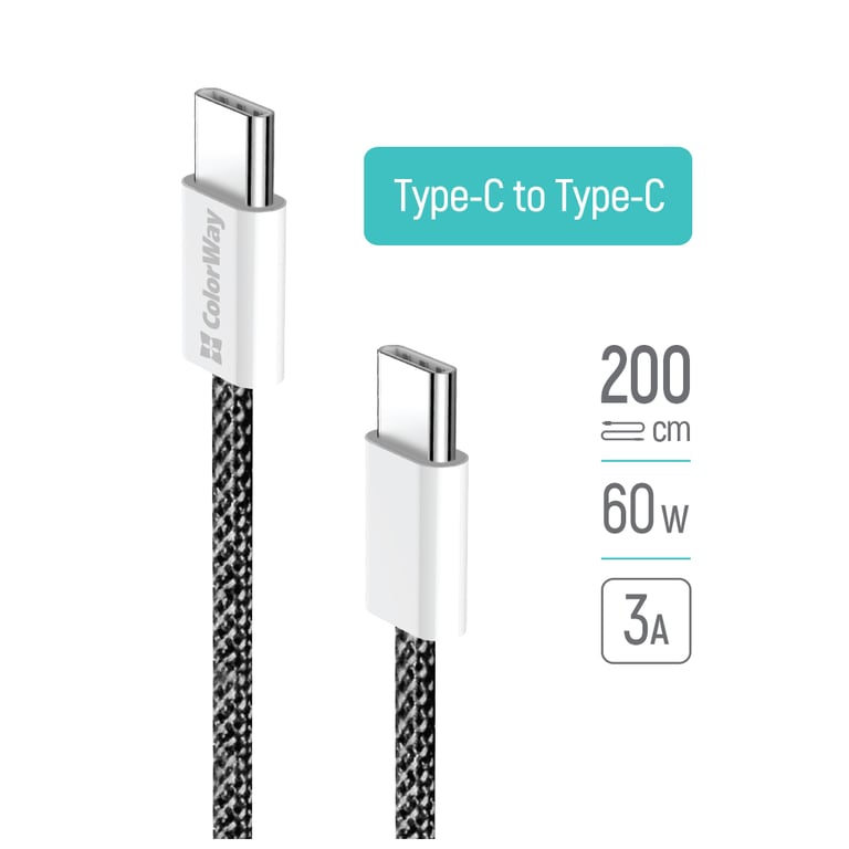 Дата кабель USB-C to USB-C 2.0m (braided cotton) (PD Fast Charging 60W) 3.0А black ColorWay (CW-CBPDCC068-BK) - фото 10