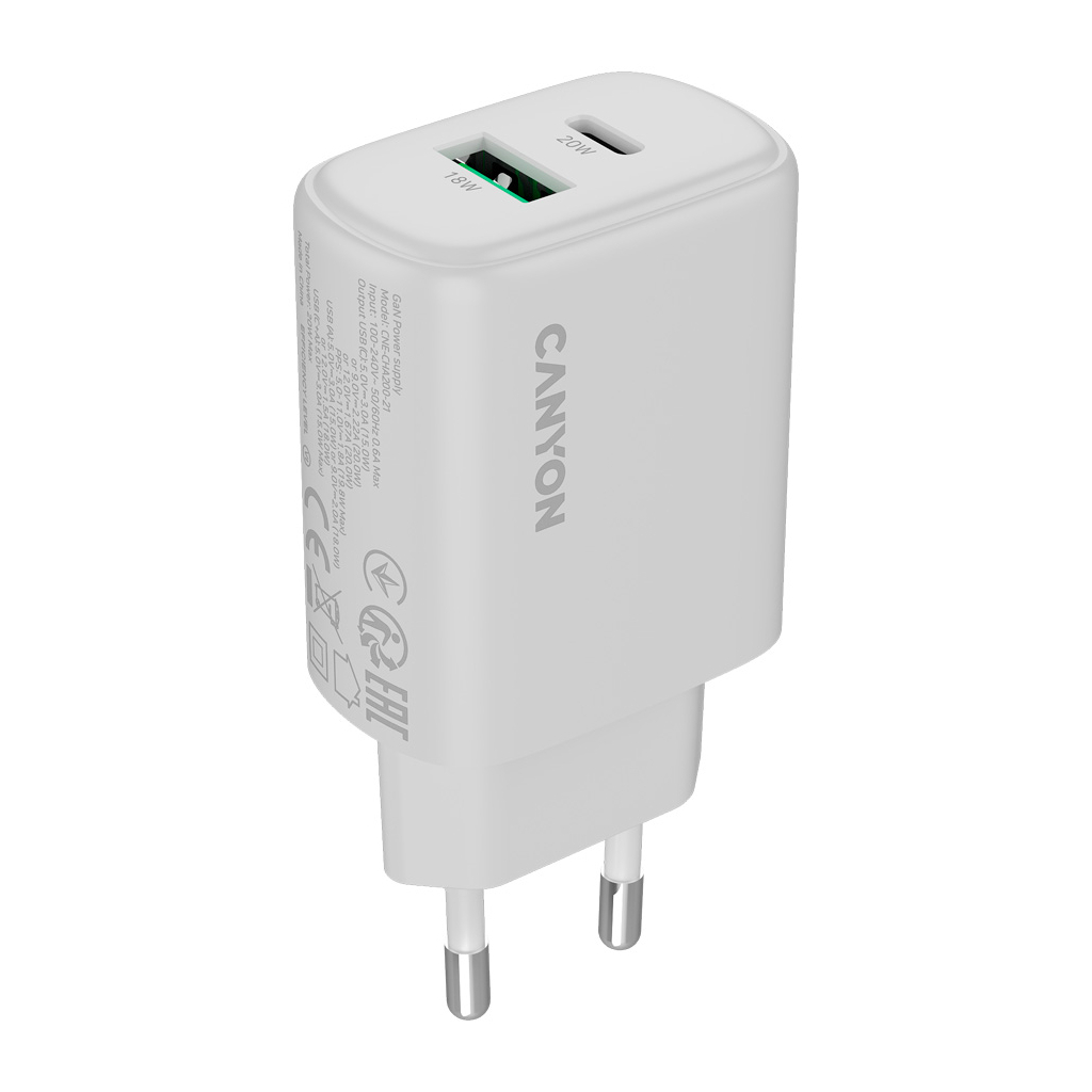 Зарядний пристрій Canyon OnCharge 200 20W 1xPD 1xQC EU White (CNE-CHA200-21) - фото 2 Зарядний пристрій Canyon OnCharge 200 20W 1xPD 1xQC EU White (CNE-CHA200-21) - фото 2