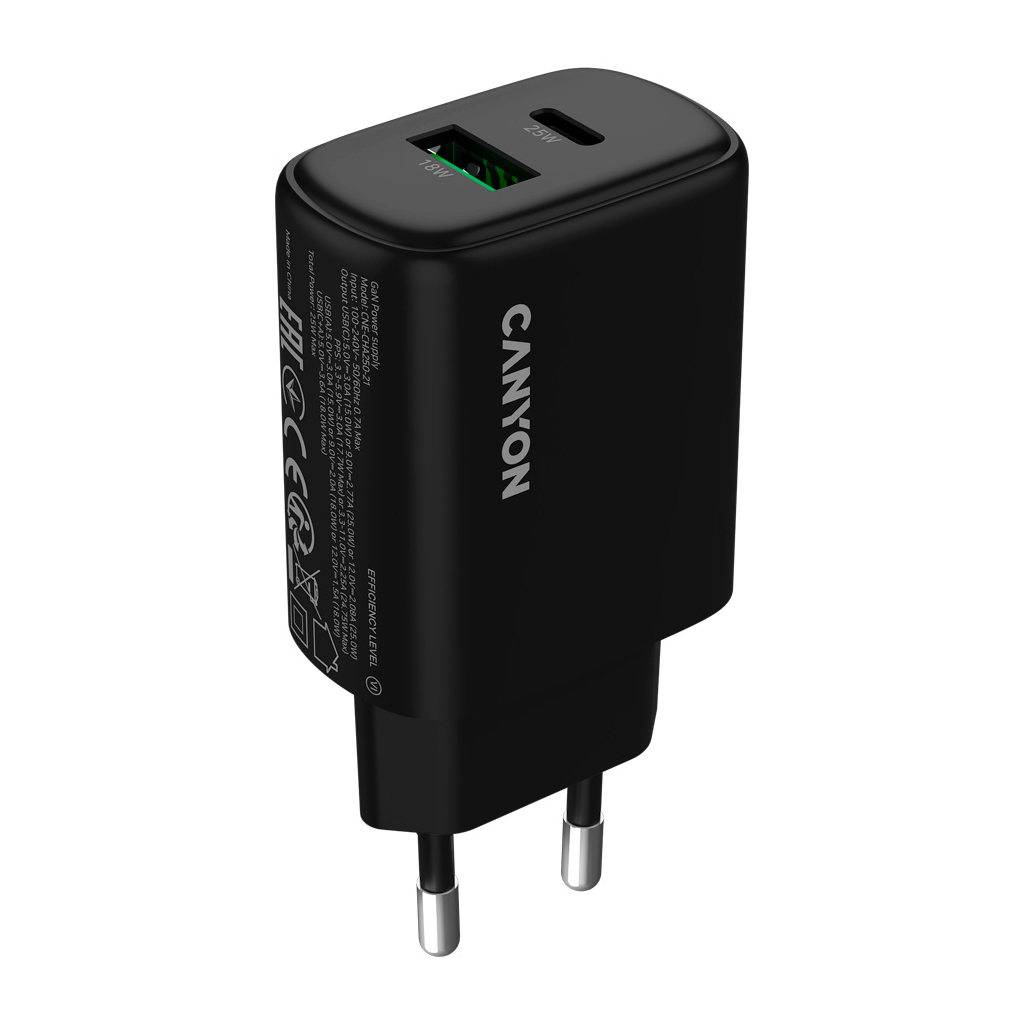 Зарядний пристрій Canyon OnCharge 250 25W 1xPD 1xQC EU Black (CNE-CHA250-31) - фото 2 Зарядний пристрій Canyon OnCharge 250 25W 1xPD 1xQC EU Black (CNE-CHA250-31) - фото 2