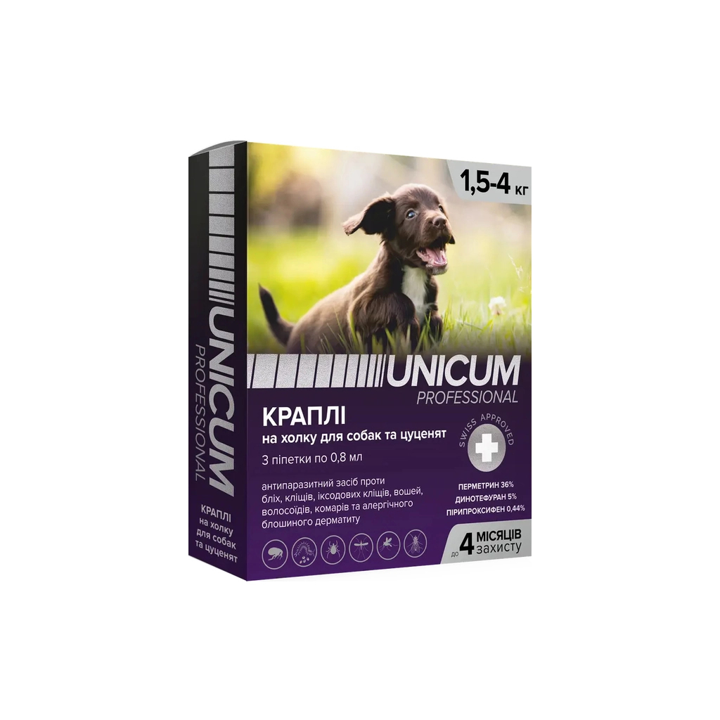 Краплі для тварин Unicum Pro від бліх, вошей, волосоїдів, комарів, москітів, іксодових кліщів для собак 1.5-4 кг/3 шт (4820150206512) - фото 1 Краплі для тварин Unicum Pro від бліх, вошей, волосоїдів, комарів, москітів, іксодових кліщів для собак 1.5-4 кг/3 шт (4820150206512) - фото 1