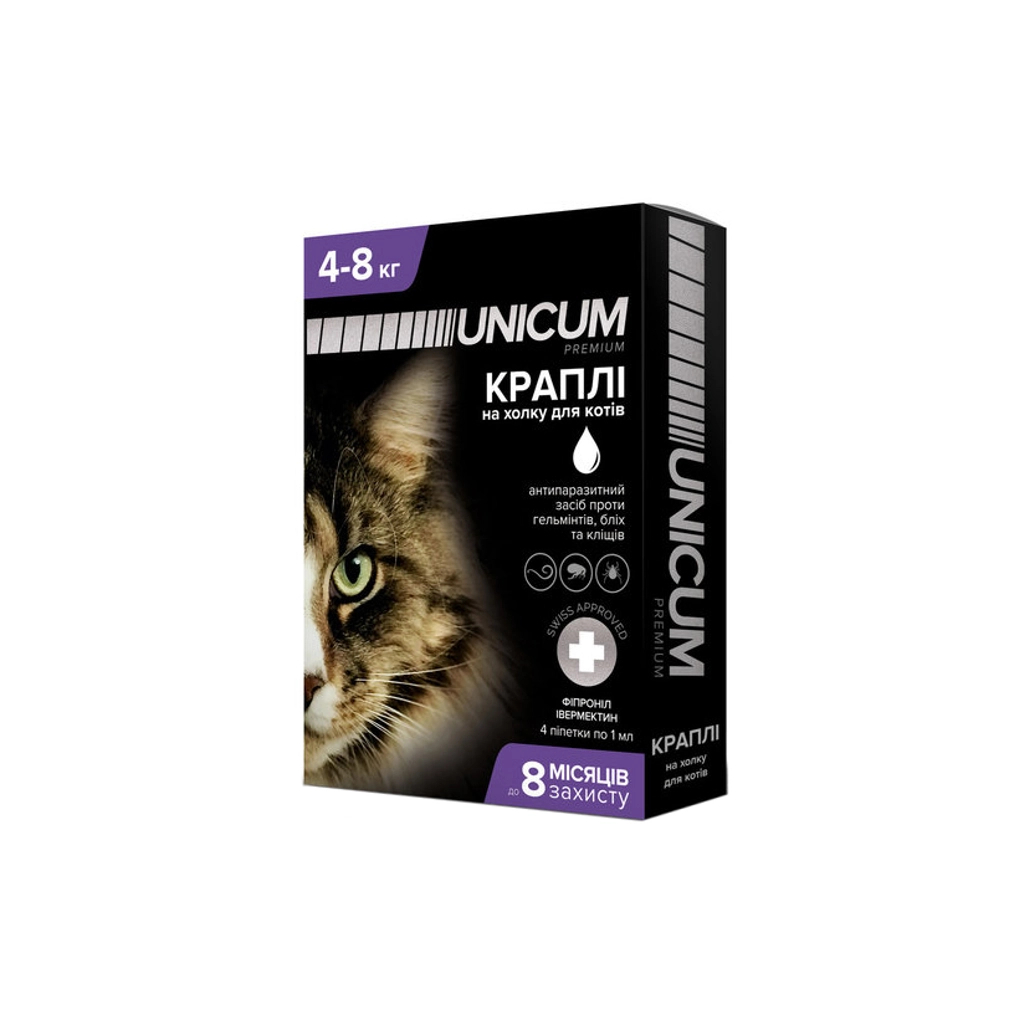 Краплі для тварин Unicum COMPLEX проти бліх, кліщів і гельмінтів на холку для кішок 4-8 кг/4 шт (4820150202491) Краплі для тварин Unicum COMPLEX проти бліх, кліщів і гельмінтів на холку для кішок 4-8 кг/4 шт (4820150202491)