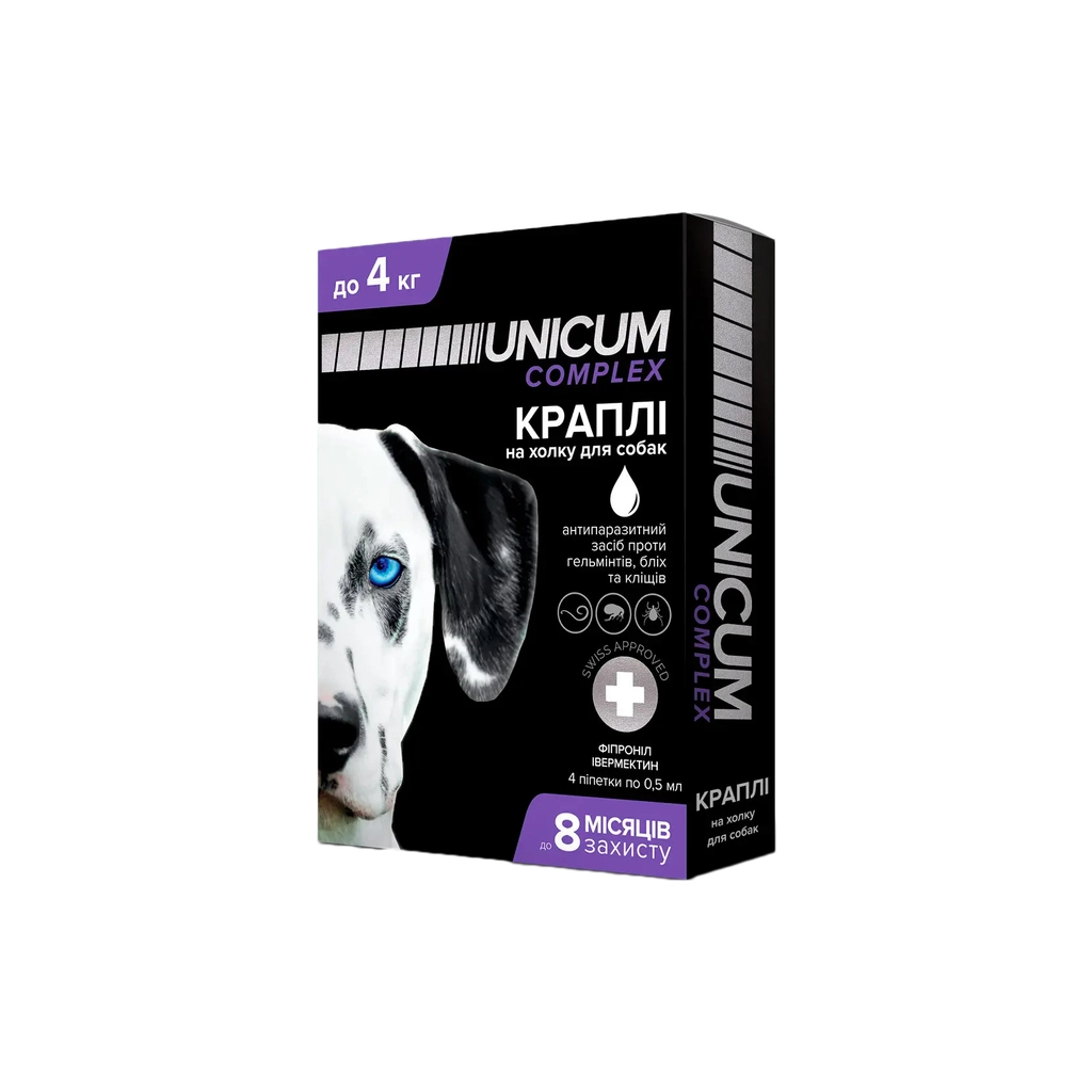Краплі для тварин Unicum COMPLEX від бліх, кліщів та гельмінтів на холку для собак до 4 кг/4 шт (4820150202507) - фото 1