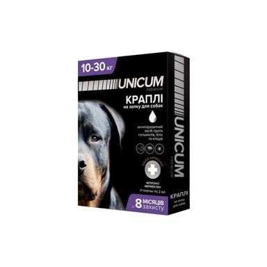 Краплі для тварин Unicum COMPLEX від бліх, кліщів та гельмінтів на холку для собак 10-30 кг/4 шт (4820150202521) - фото 1