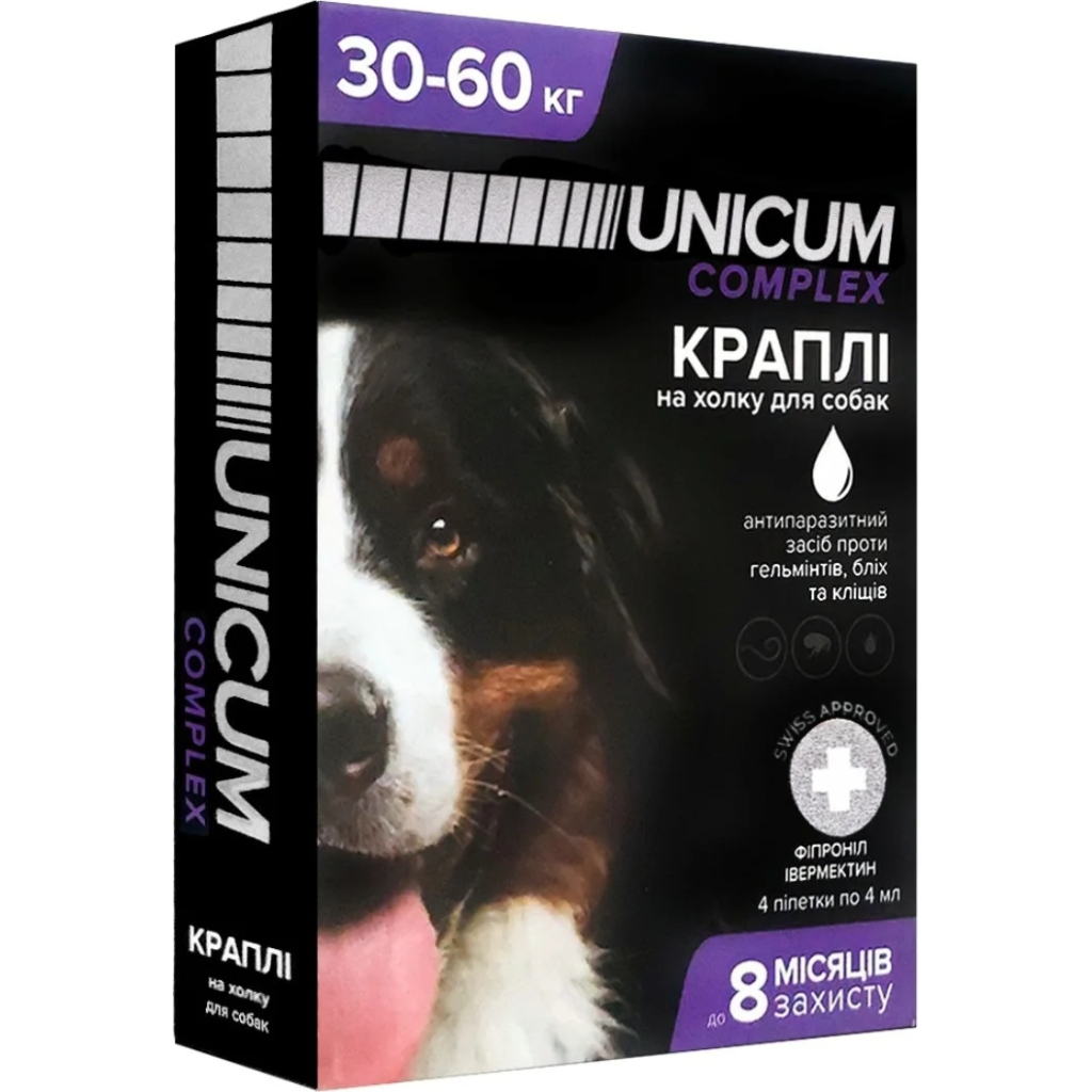 Краплі для тварин Unicum COMPLEX від бліх, кліщів та гельмінтів на холку для собак 30-60 кг/4 шт (4820150207342) Краплі для тварин Unicum COMPLEX від бліх, кліщів та гельмінтів на холку для собак 30-60 кг/4 шт (4820150207342)