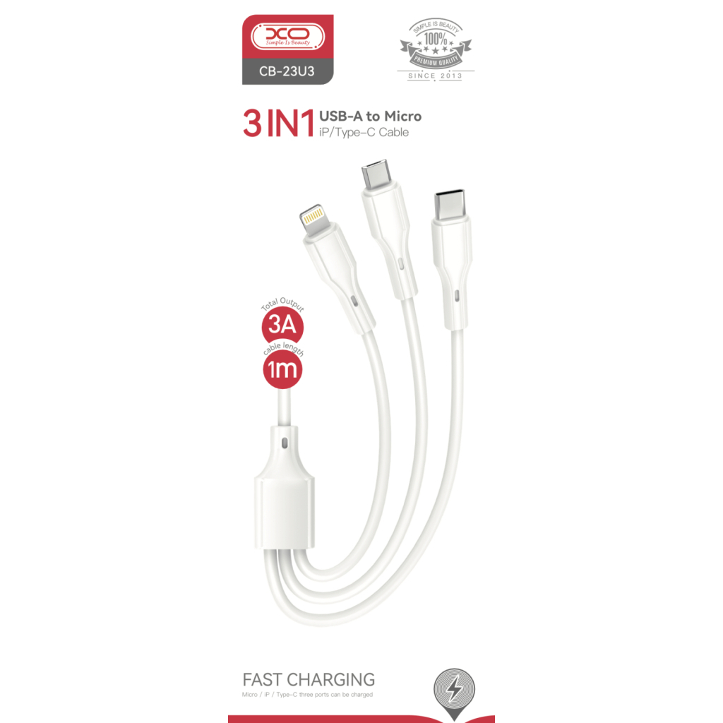 Дата кабель USB 2.0 AM to Lightning + Micro 5P + USB-C 1.0m 2.4A XO (CB-23U3) - фото 3 Дата кабель USB 2.0 AM to Lightning + Micro 5P + USB-C 1.0m 2.4A XO (CB-23U3) - фото 3