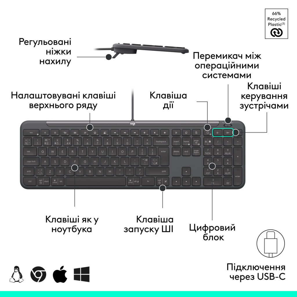 Клавіатура Logitech Signature Slim K620 for Business USB-C UA Graphite (920-013333) - фото 6 Клавіатура Logitech Signature Slim K620 for Business USB-C UA Graphite (920-013333) - фото 6