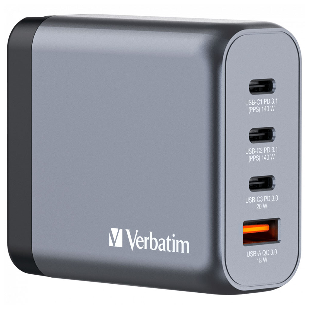 Зарядний пристрій Verbatim GaN 140 W 4 ports (2xUSB-C-140 W,USB-C 20 W /USB-A -3.0) (32203)