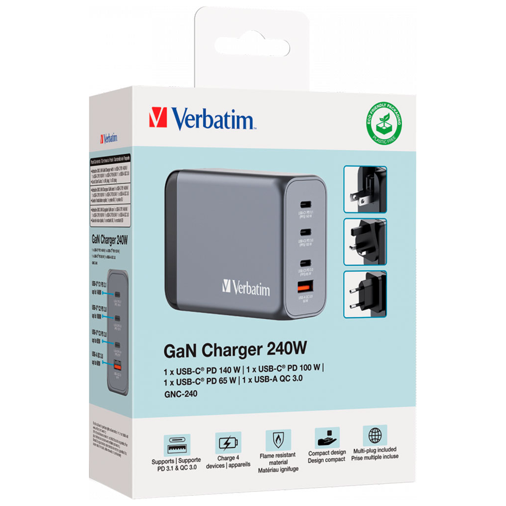 Зарядний пристрій Verbatim GaN 240 W 4 ports (USB-C-140 W,USB-C-100 W,USB-C-65 W /USB-A -3.0) (32205) - фото 4 Зарядний пристрій Verbatim GaN 240 W 4 ports (USB-C-140 W,USB-C-100 W,USB-C-65 W /USB-A -3.0) (32205) - фото 4