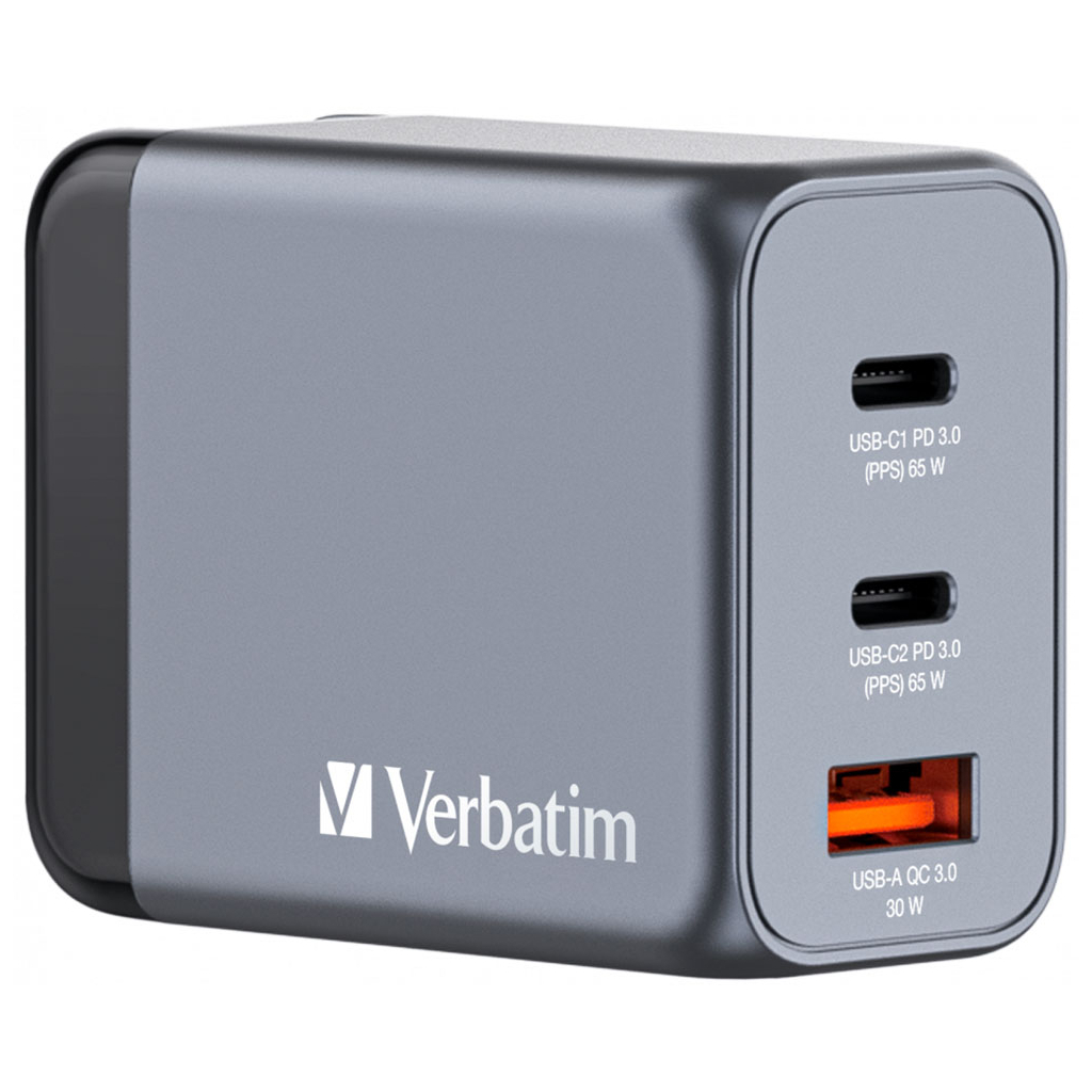 Зарядний пристрій Verbatim GaN 65 W 3 ports (2xUSB-C-65 W /USB-A -3.0) (32201)