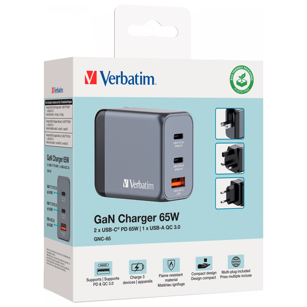 Зарядний пристрій Verbatim GaN 65 W 3 ports (2xUSB-C-65 W /USB-A -3.0) (32201) - фото 3 Зарядний пристрій Verbatim GaN 65 W 3 ports (2xUSB-C-65 W /USB-A -3.0) (32201) - фото 3