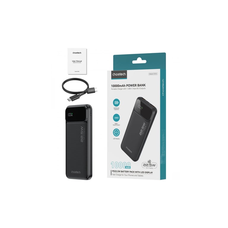 Батарея універсальна Choetech 10000mAh 22.5W, PD, QC/3.0, USB-A, USB-C, Black (B728-CCBK) - фото 3