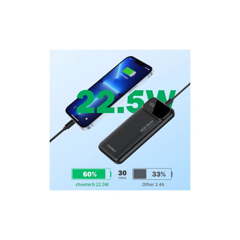 Батарея універсальна Choetech 10000mAh 22.5W, PD, QC/3.0, USB-A, USB-C, Black (B728-CCBK) - фото 5