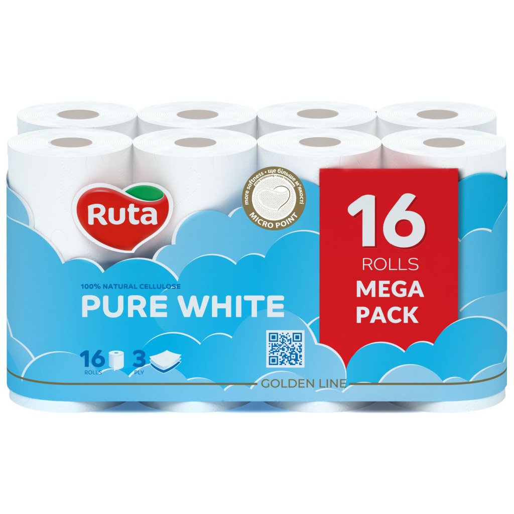 Туалетний папір Ruta Pure White 3 шари 16 рулонів (4820023748538) - фото 1 Туалетний папір Ruta Pure White 3 шари 16 рулонів (4820023748538) - фото 1