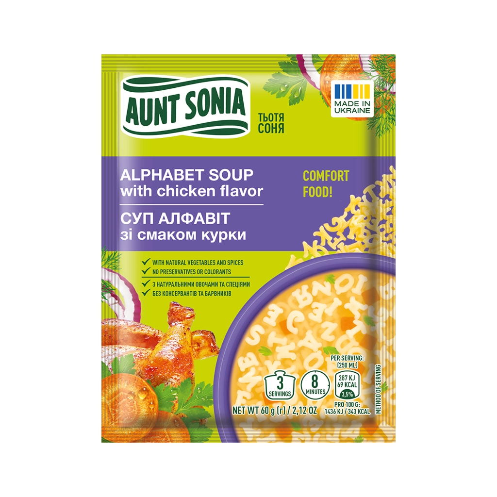 Їжа швидкого приготування Тьотя Соня Суп курячий з алфавітом 60 г (4820015102041) - фото 1