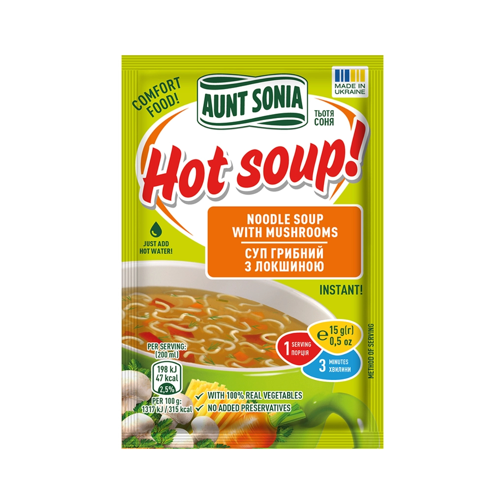 Їжа швидкого приготування Тьотя Соня Суп грибний з вермішеллю 15 г (4820015102997) - фото 1 Їжа швидкого приготування Тьотя Соня Суп грибний з вермішеллю 15 г (4820015102997) - фото 1