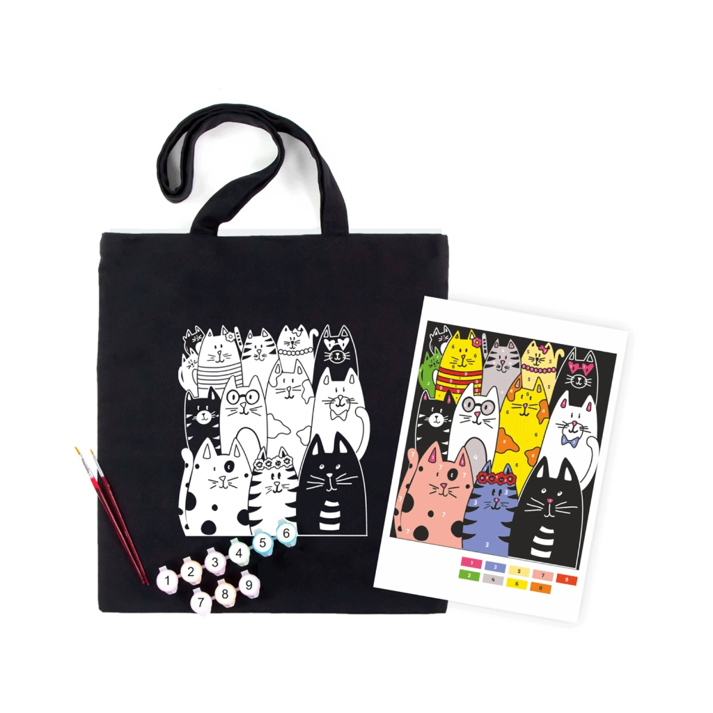 Набір для творчості Rosa Talent екосумка-розмальовка, чорна, Котики, 38х42 см (4823098542148) - фото 2 Набір для творчості Rosa Talent екосумка-розмальовка, чорна, Котики, 38х42 см (4823098542148) - фото 2
