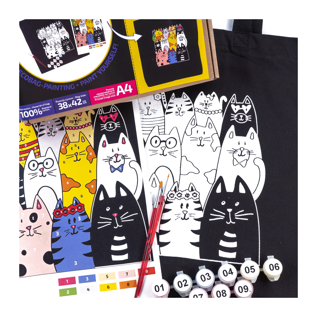 Набір для творчості Rosa Talent екосумка-розмальовка, чорна, Котики, 38х42 см (4823098542148) - фото 4 Набір для творчості Rosa Talent екосумка-розмальовка, чорна, Котики, 38х42 см (4823098542148) - фото 4