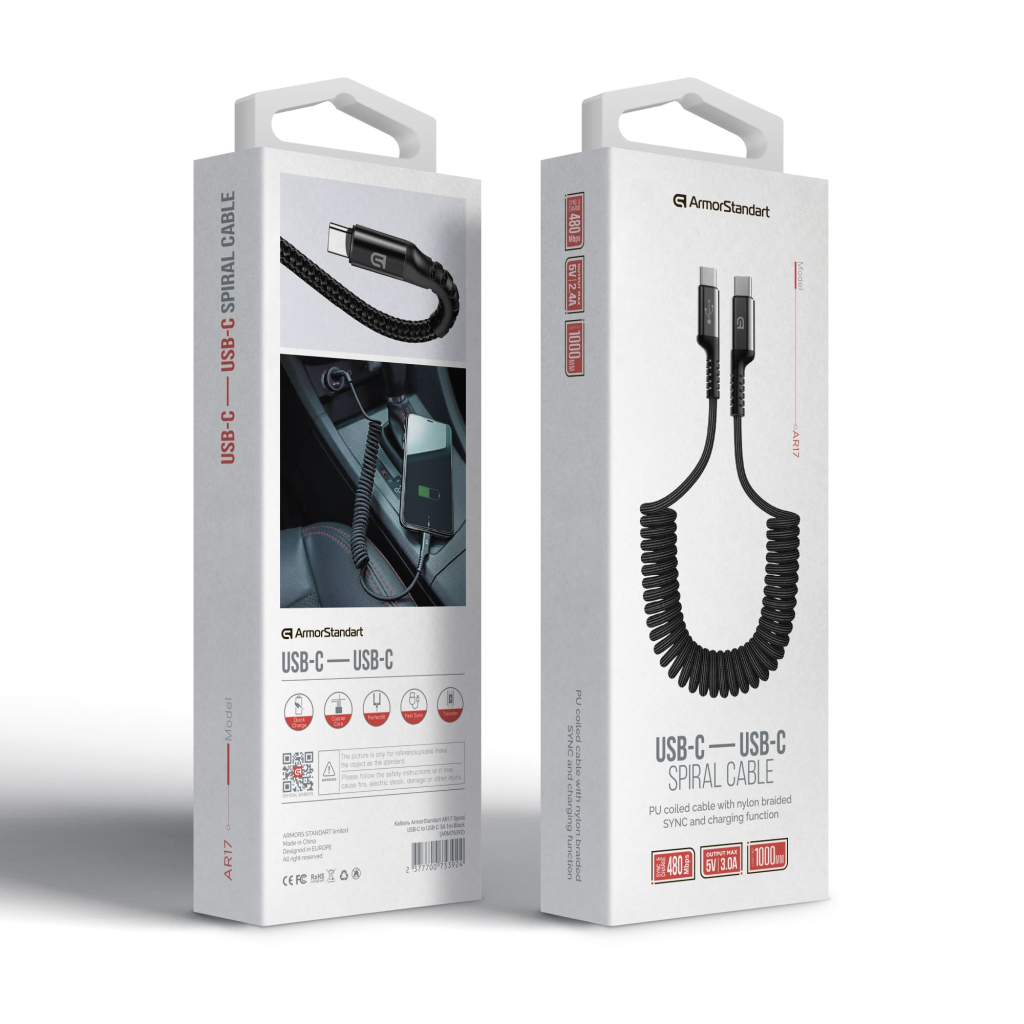 Дата кабель USB-C to USB-C 1.0m Spiral 3A Black Armorstandart (ARM75392) - фото 3 Дата кабель USB-C to USB-C 1.0m Spiral 3A Black Armorstandart (ARM75392) - фото 3