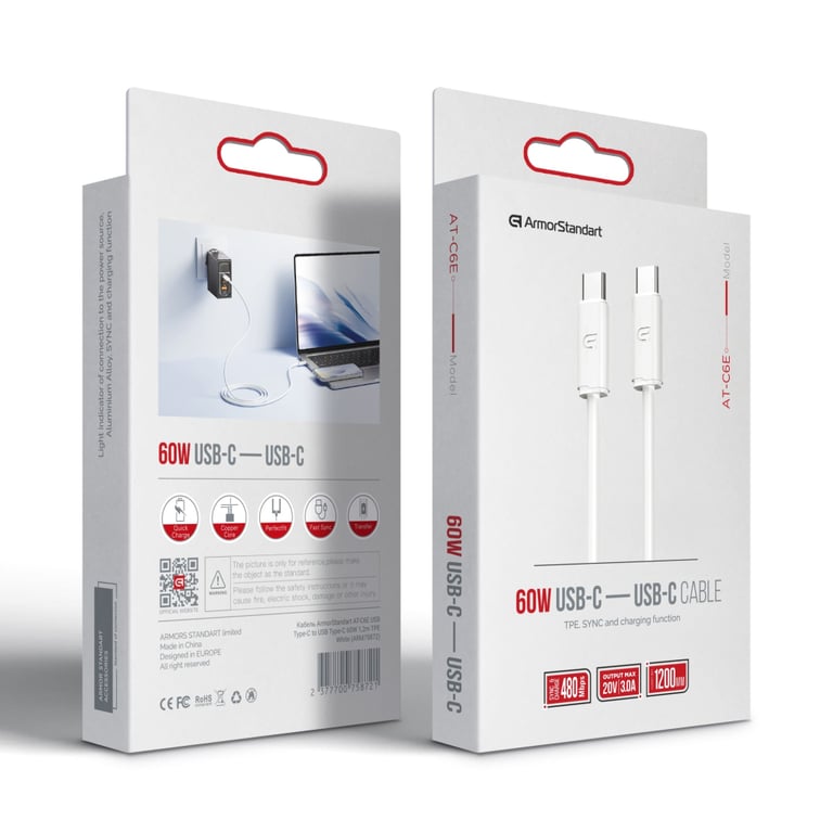 Дата кабель USB-C to USB-C 1.2m TPE 60W white Armorstandart (ARM75872) - фото 2