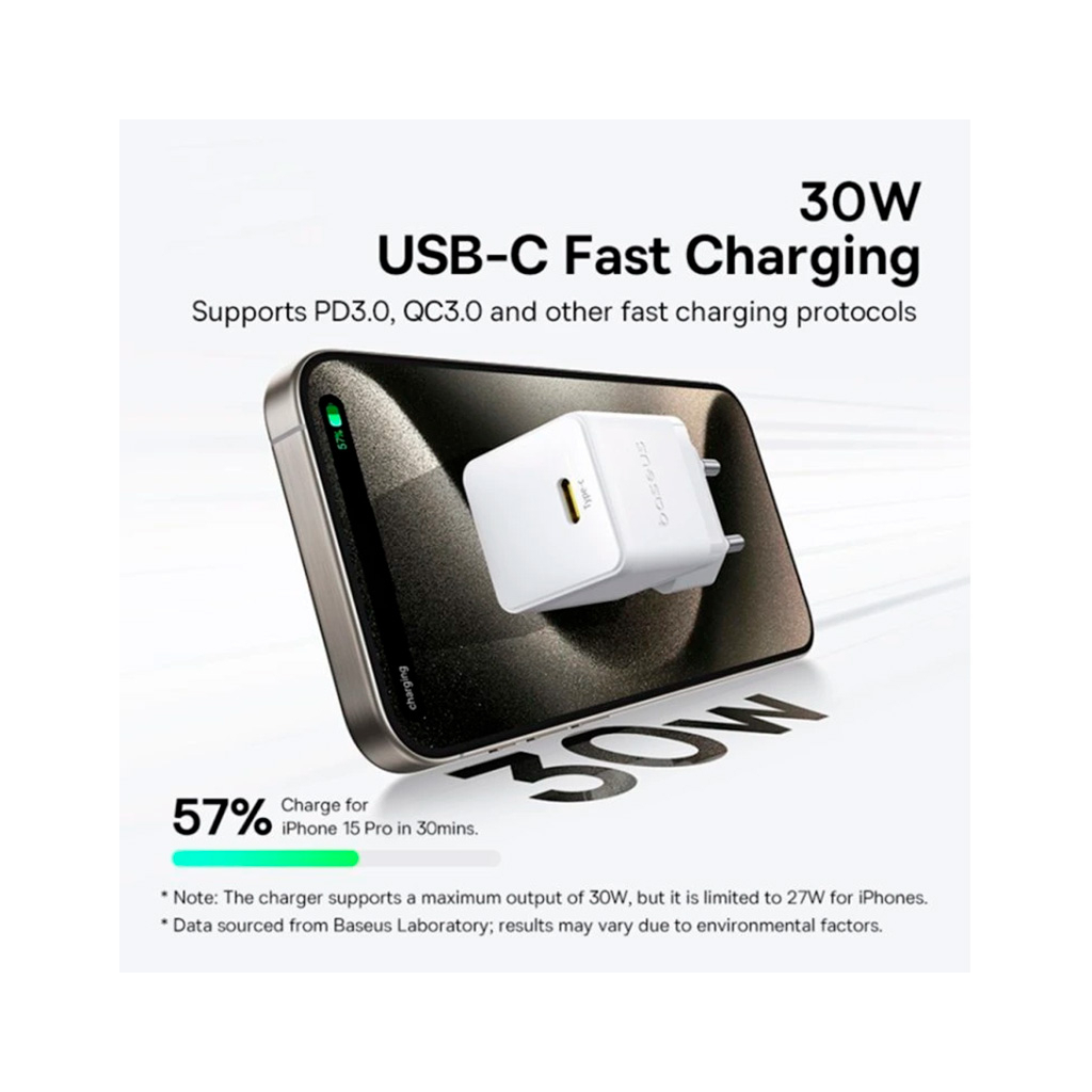 Зарядний пристрій Baseus Palm Fast Charger 1C 30W + Cable 1.0m Type-C 60W white (P10111605213-01) - фото 6 Зарядний пристрій Baseus Palm Fast Charger 1C 30W + Cable 1.0m Type-C 60W white (P10111605213-01) - фото 6