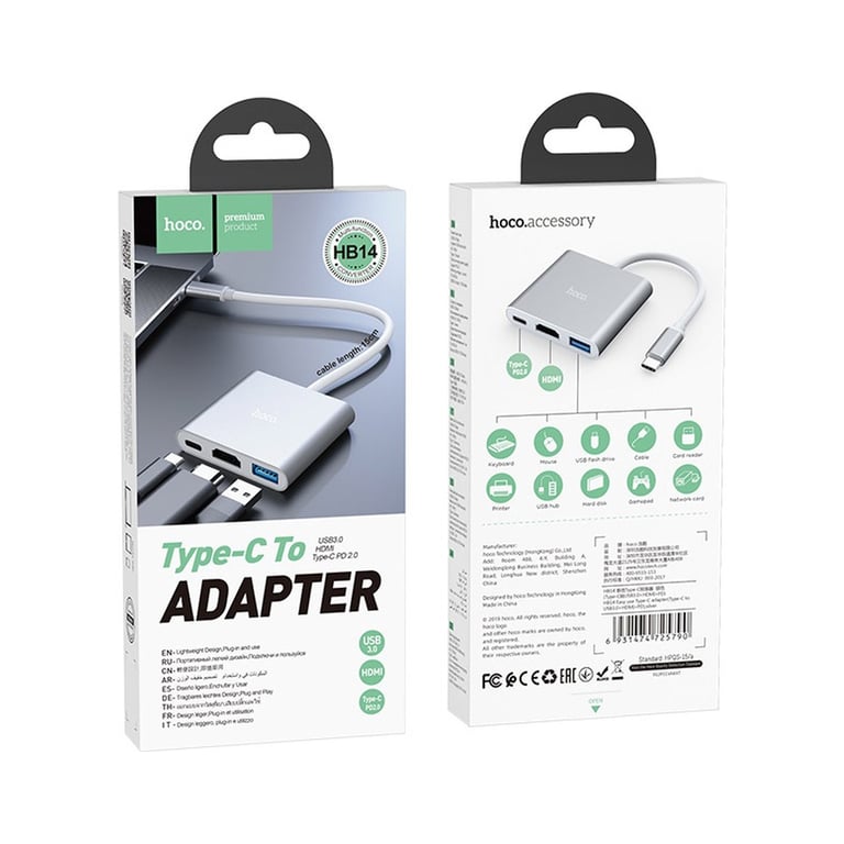 Концентратор HOCO USB-C to USB3.0+HDMI+PD HB14 Silver (6931474725790) - фото 6