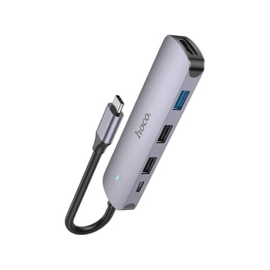 Концентратор HOCO USB-C to HDMI+USB3.0+2xUSB2.0+PD HB27 Metal Gray (6931474769329) - фото 1