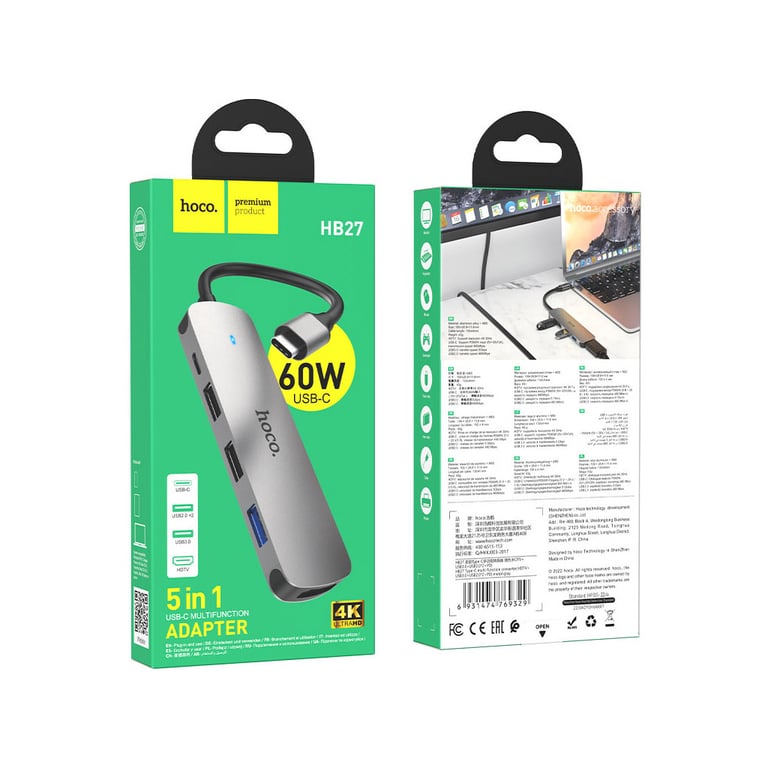 Концентратор HOCO USB-C to HDMI+USB3.0+2xUSB2.0+PD HB27 Metal Gray (6931474769329) - фото 4