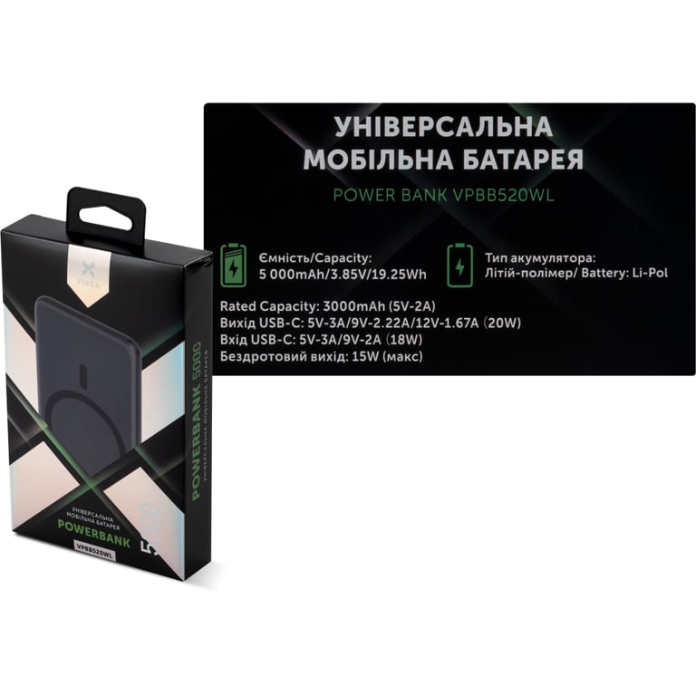 Батарея універсальна Vinga 5000 mAh 20W/15W Wireless (VPBB520WL) - фото 8