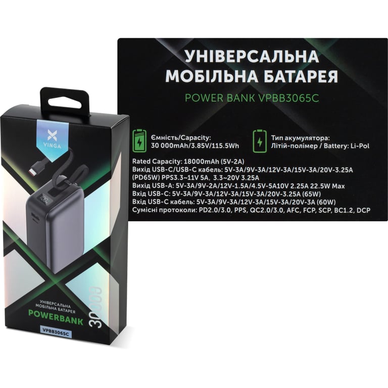 Батарея універсальна Vinga 30000 mAh 65W Display Cable (VPBB3065C) - фото 9