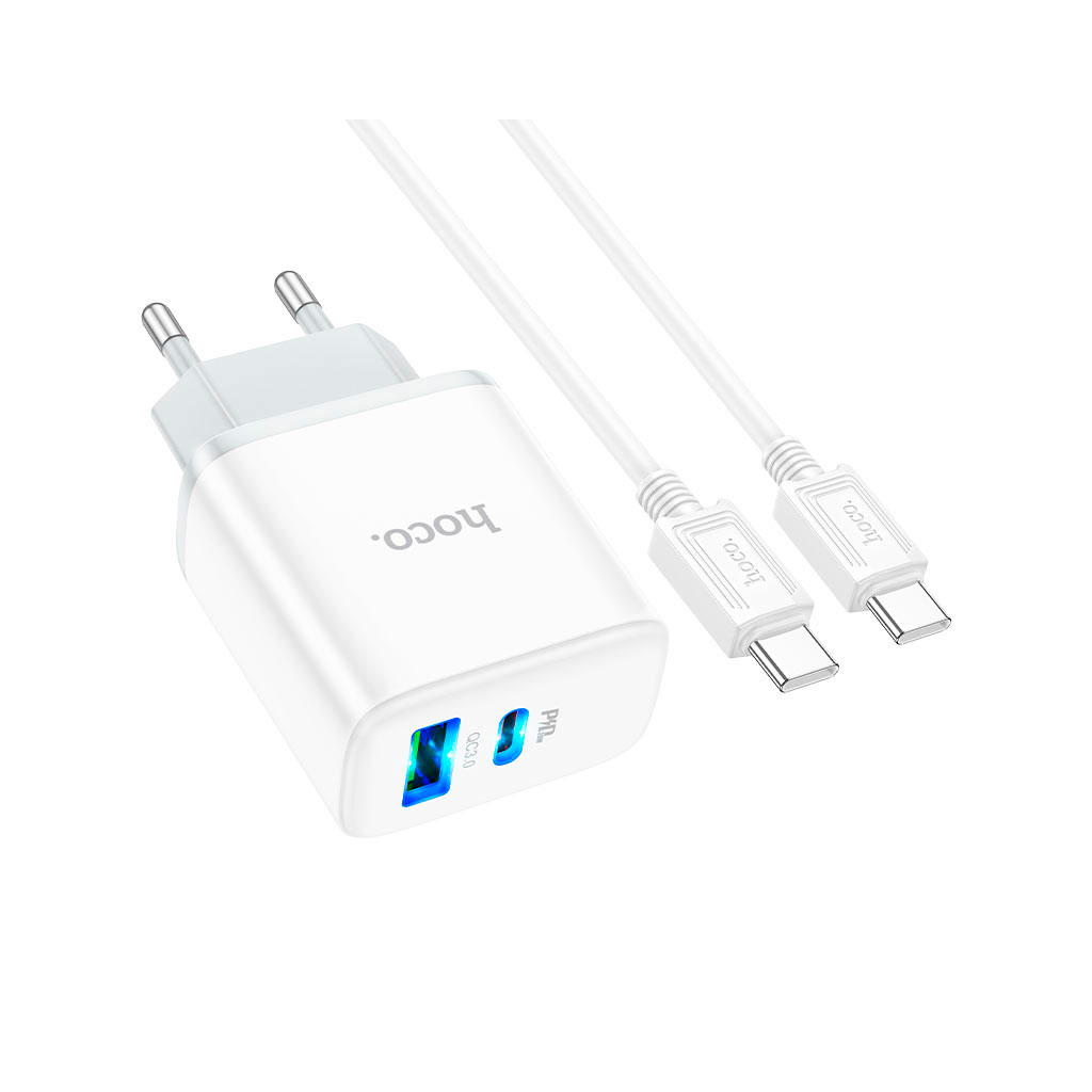 Зарядний пристрій HOCO C105A Stage 1xUSB-C PD20W + 1xUSB QC3.0 + cable USB-C to USB-C White (6931474782922) Зарядний пристрій HOCO C105A Stage 1xUSB-C PD20W + 1xUSB QC3.0 + cable USB-C to USB-C White (6931474782922)