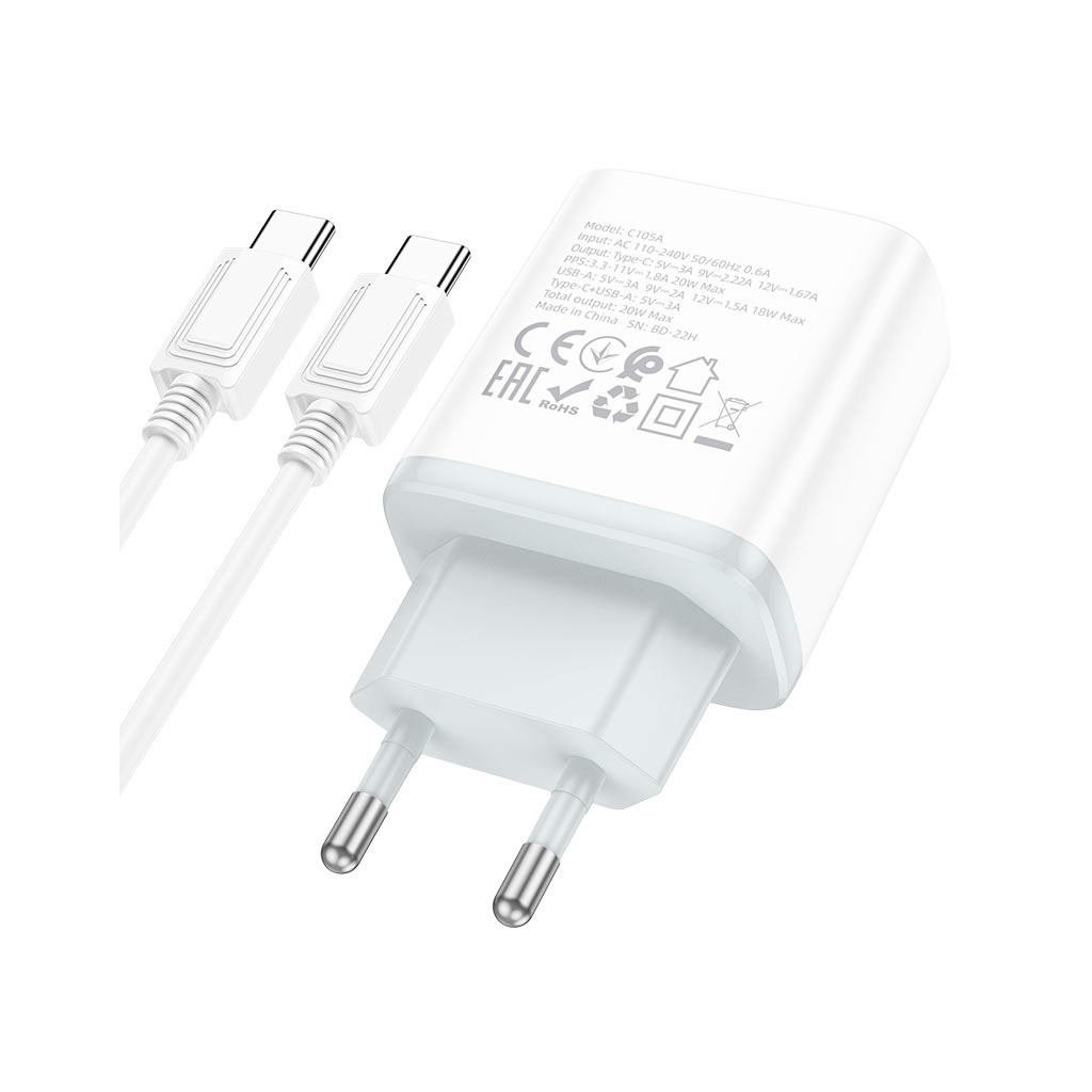 Зарядний пристрій HOCO C105A Stage 1xUSB-C PD20W + 1xUSB QC3.0 + cable USB-C to USB-C White (6931474782922) - фото 2 Зарядний пристрій HOCO C105A Stage 1xUSB-C PD20W + 1xUSB QC3.0 + cable USB-C to USB-C White (6931474782922) - фото 2