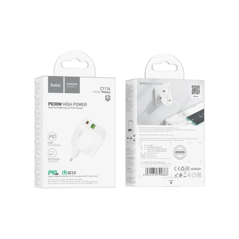 Зарядний пристрій HOCO C111A Lucky 1xUSB-C PD30W + 1xUSB QC3.0 White (6931474790866) - фото 4