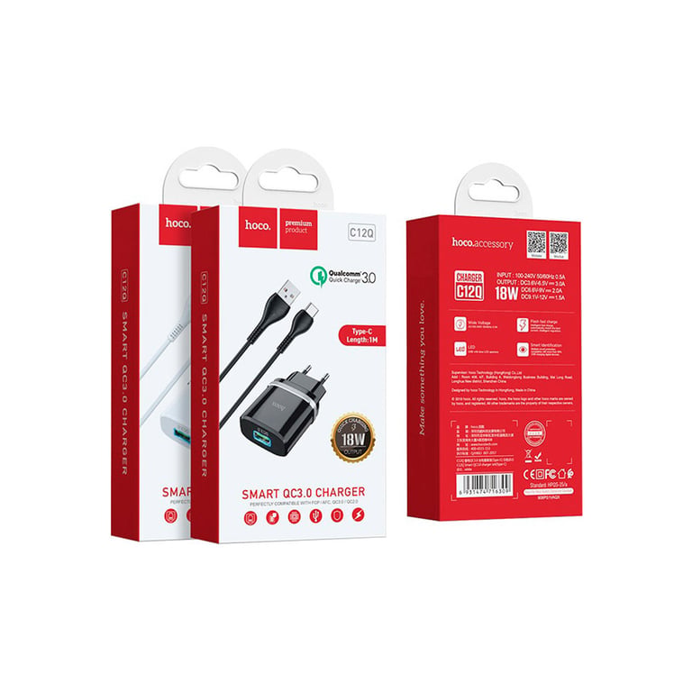 Зарядний пристрій HOCO C12Q Smart USB QC3.0 + cable USB to USB-C 18W Black (6931474716293) - фото 4