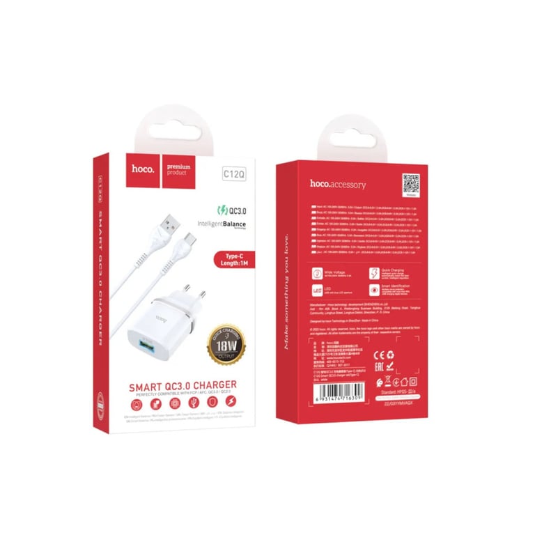 Зарядний пристрій HOCO C12Q Smart USB QC3.0 + cable USB to USB-C 18W White (6931474716309) - фото 5