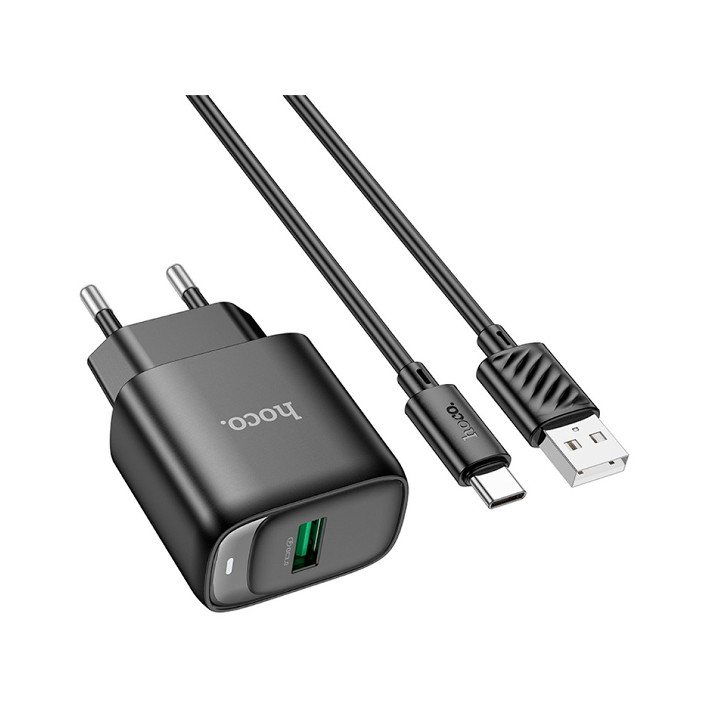 Зарядний пристрій HOCO C140A Smart USB QC3.0 + cable USB to USB-C Black (6942007627825) - фото 1