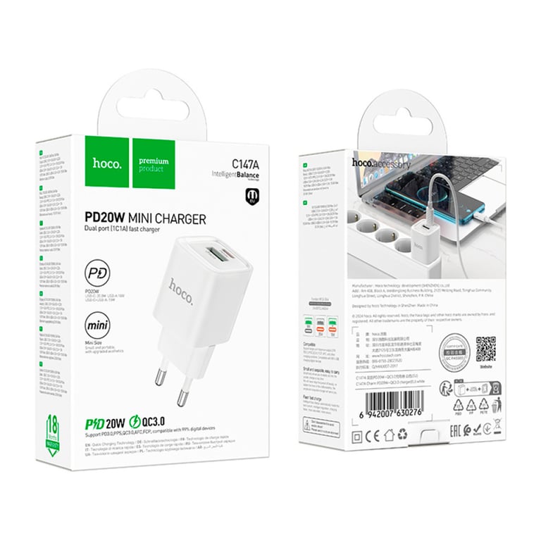 Зарядний пристрій HOCO C147A Charm 1xUSB-C PD20W + 1xUSB QC3.0 White (6942007630276) - фото 7