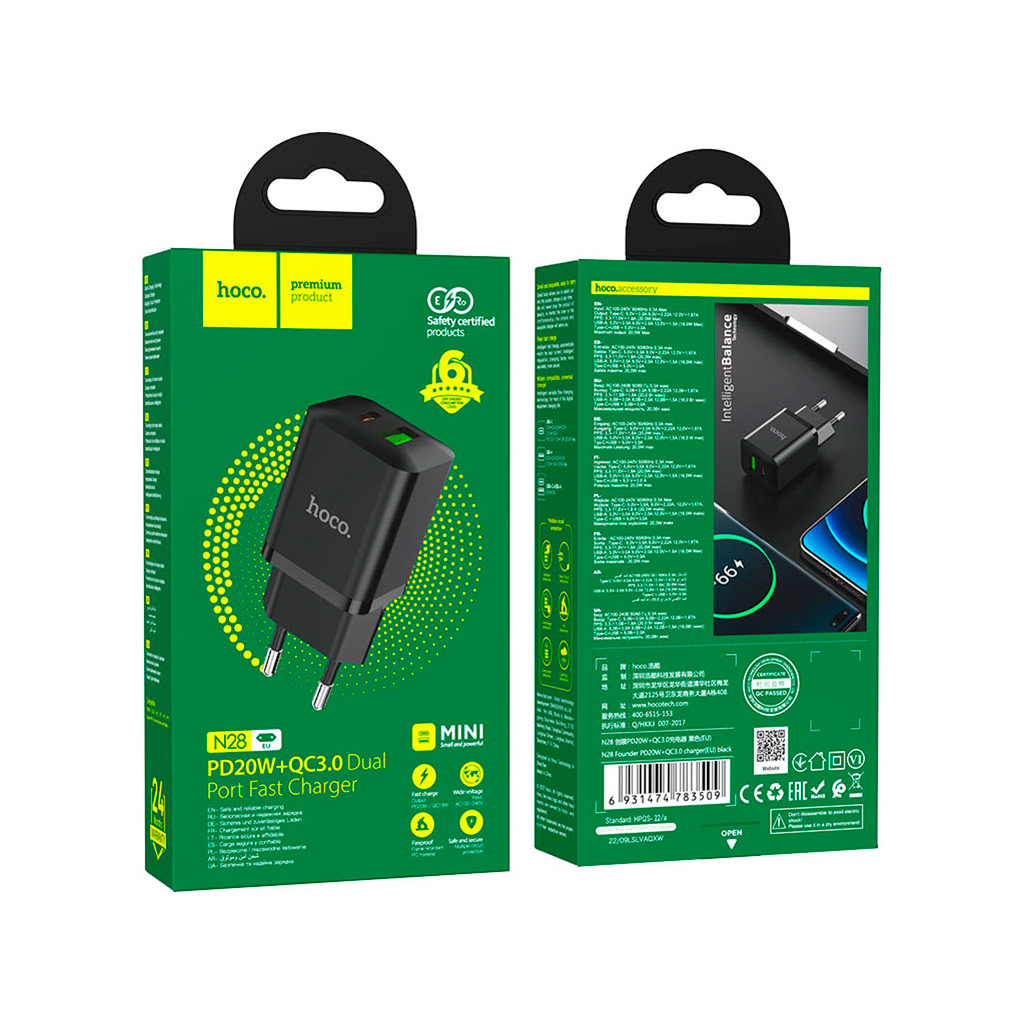 Зарядний пристрій HOCO N28 Founder 1xUSB-C PD20W + 1xUSB QC3.0 Black (6931474783509) - фото 4 Зарядний пристрій HOCO N28 Founder 1xUSB-C PD20W + 1xUSB QC3.0 Black (6931474783509) - фото 4
