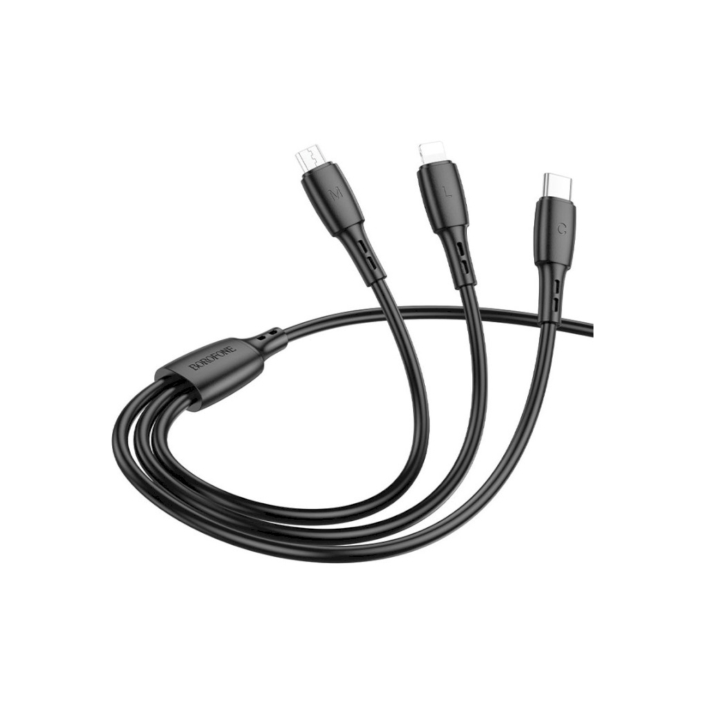 Дата кабель USB 2.0 AM to Lightning + Micro 5P + USB-C 1.0m 2A PVC BX71 black BOROFONE (6974443384543) - фото 3 Дата кабель USB 2.0 AM to Lightning + Micro 5P + USB-C 1.0m 2A PVC BX71 black BOROFONE (6974443384543) - фото 3