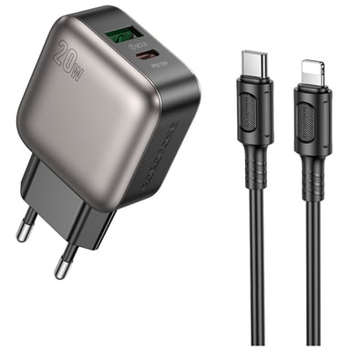 Зарядний пристрій BOROFONE BAS54A Absolute 1xUSB-C PD20W + 1xUSB QC3.0 + cable USB-C to Lightning Black (6941991116216) - фото 1
