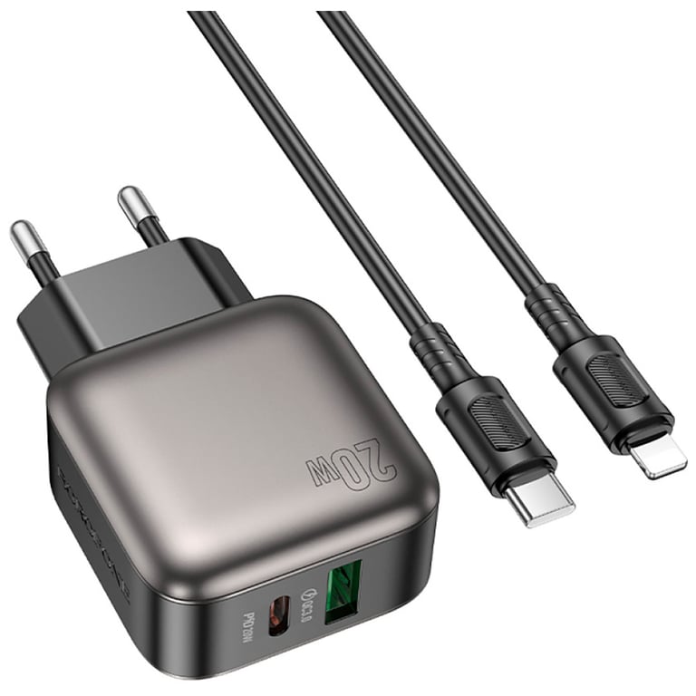 Зарядний пристрій BOROFONE BAS54A Absolute 1xUSB-C PD20W + 1xUSB QC3.0 + cable USB-C to Lightning Black (6941991116216) - фото 2