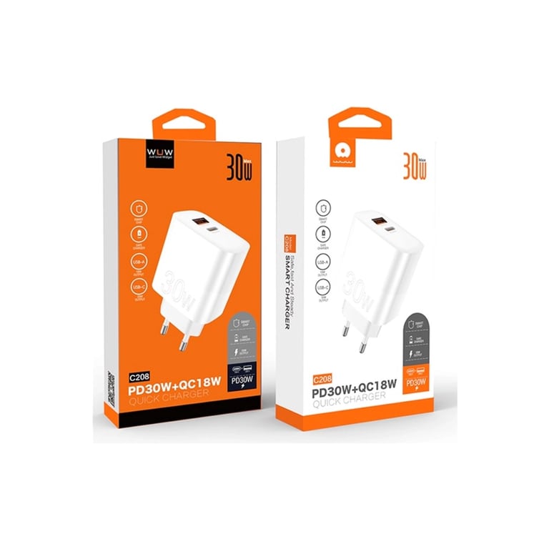 Зарядний пристрій WUW C208 1xUSB-C PD30W + 1xUSB QC3.0 18W White (6972573333417) - фото 2