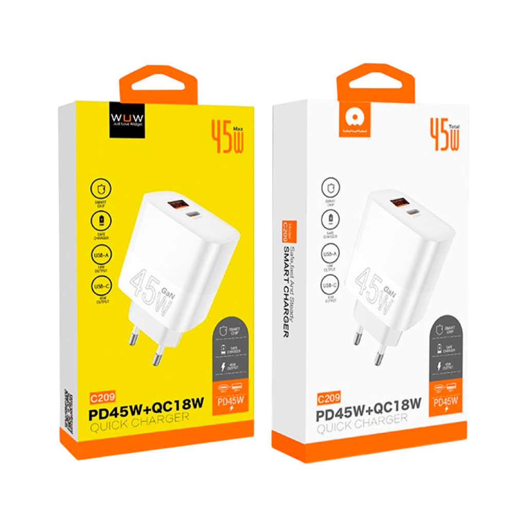 Зарядний пристрій WUW C209 1xUSB-C PD45W + 1xUSB QC3.0 18W White (WUW-C209) - фото 2 Зарядний пристрій WUW C209 1xUSB-C PD45W + 1xUSB QC3.0 18W White (WUW-C209) - фото 2