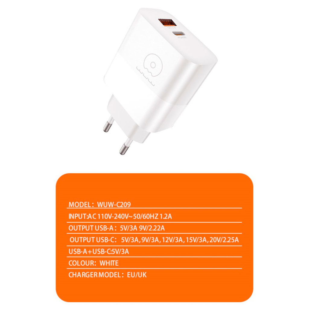 Зарядний пристрій WUW C209 1xUSB-C PD45W + 1xUSB QC3.0 18W White (WUW-C209) - фото 3 Зарядний пристрій WUW C209 1xUSB-C PD45W + 1xUSB QC3.0 18W White (WUW-C209) - фото 3
