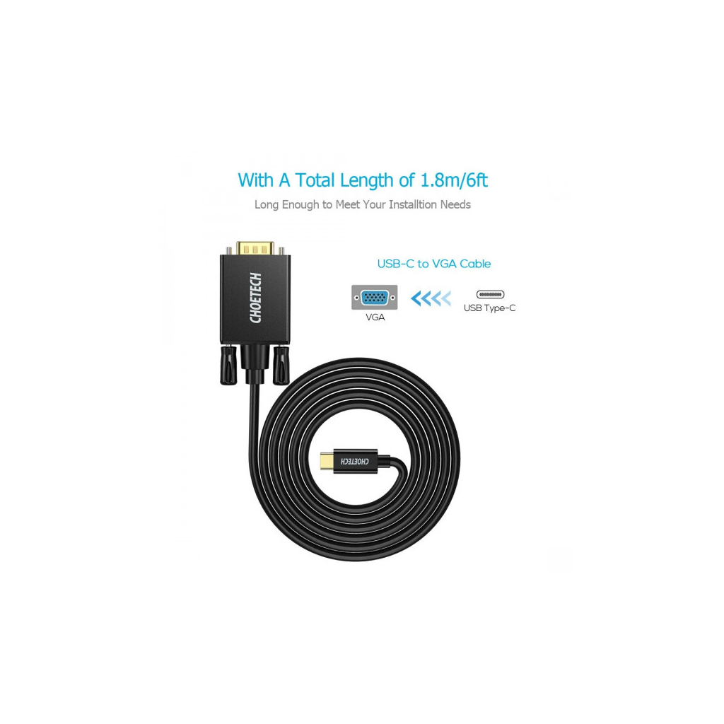 Кабель мультимедійний USB-C to VGA M 1.8m black Choetech (XCV-1801-BK) - фото 5 Кабель мультимедійний USB-C to VGA M 1.8m black Choetech (XCV-1801-BK) - фото 5