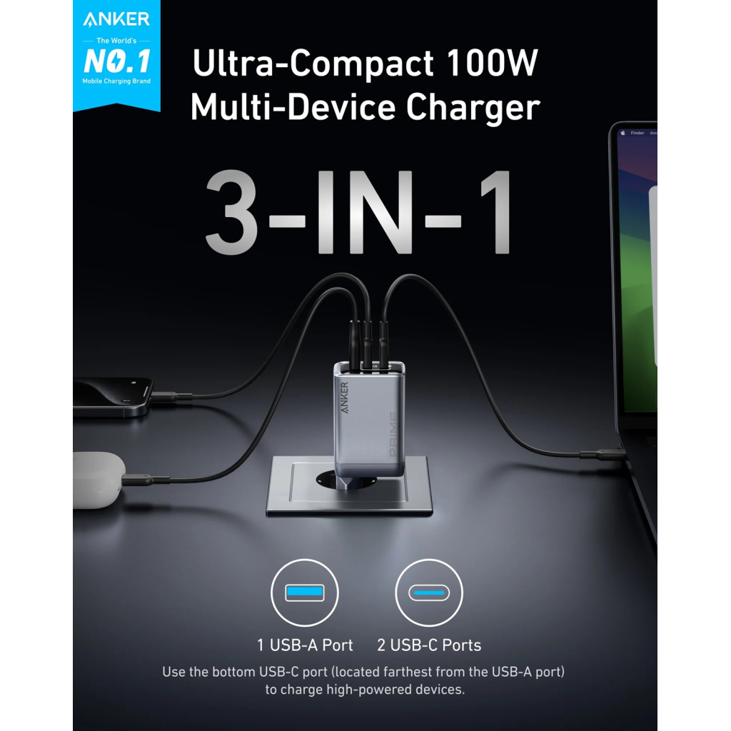 Зарядний пристрій Anker GaNPrime 100W 2xUSB-C PD + 1xUSB-A Foldable Silver (A2688341) - фото 6 Зарядний пристрій Anker GaNPrime 100W 2xUSB-C PD + 1xUSB-A Foldable Silver (A2688341) - фото 6