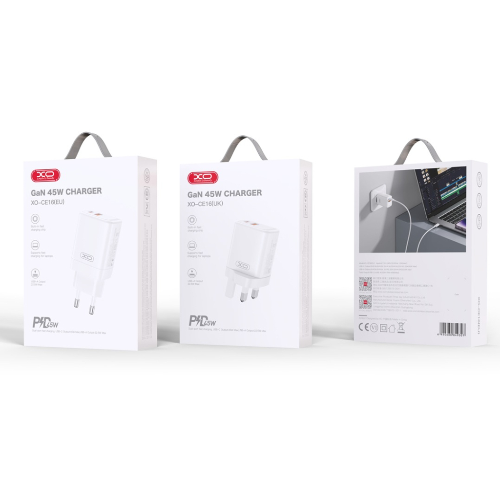 Зарядний пристрій XO CE16 67.5W USB-C PD45W + USB-A QC 22.5W White (CE16_White) - фото 4 Зарядний пристрій XO CE16 67.5W USB-C PD45W + USB-A QC 22.5W White (CE16_White) - фото 4